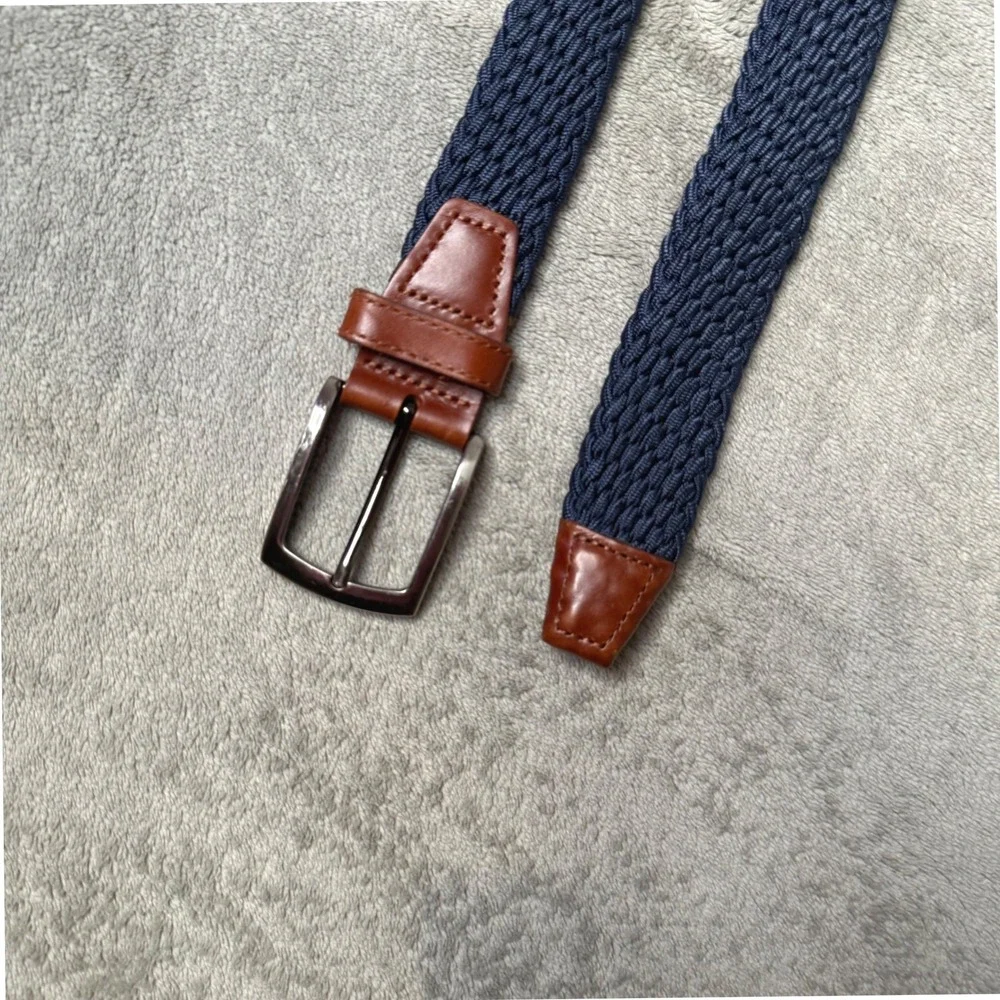 Johnston & Murphy Woven Belt Mens 40 Navy Blue Braided Elastic Leather Trim